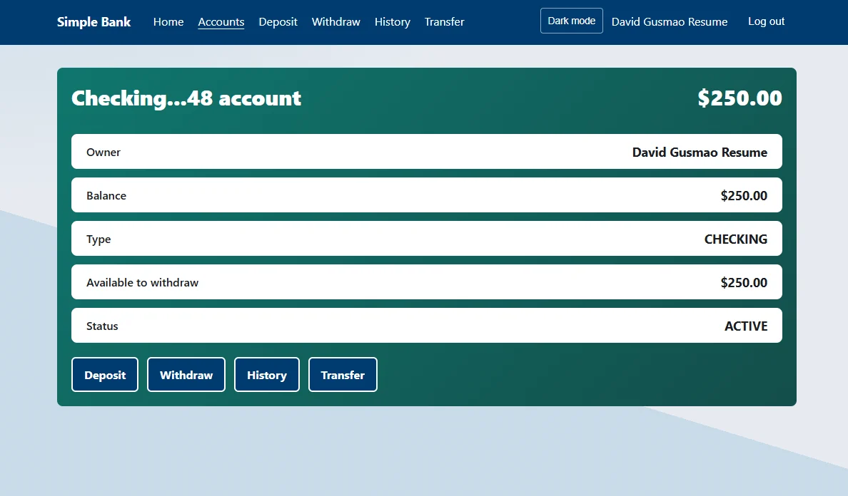Detail view for one account with owner, balance, type and status