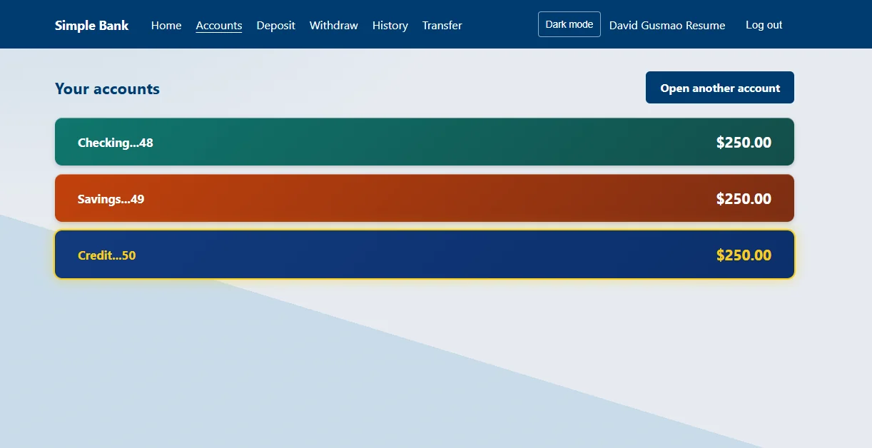 Account list showing checking, savings and credit balances