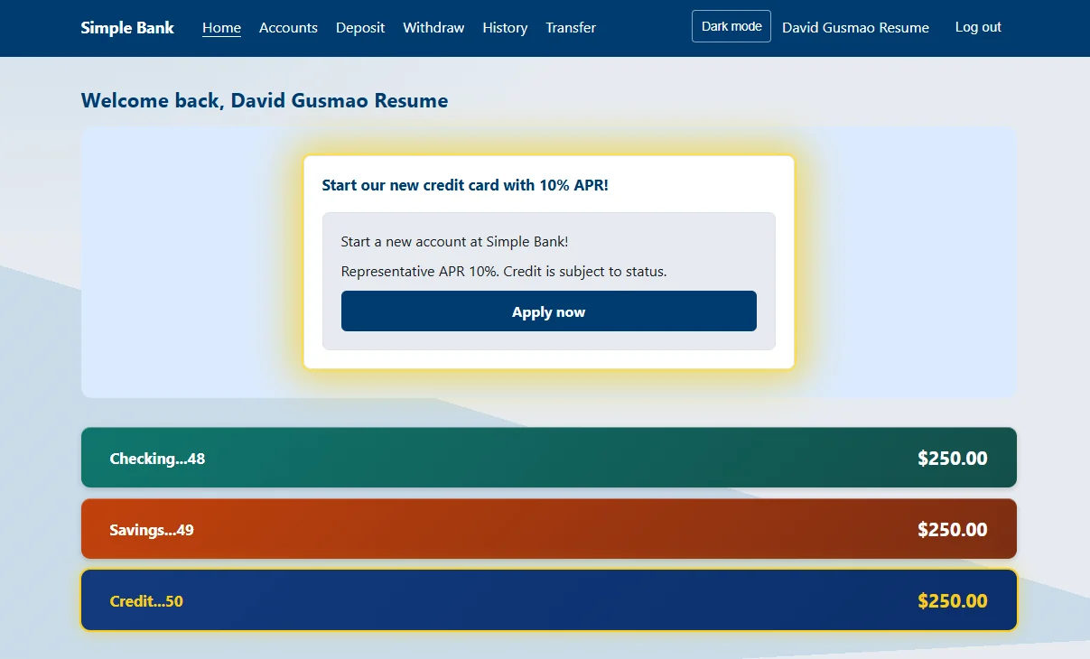 Signed-in home page with the promotion above the account list