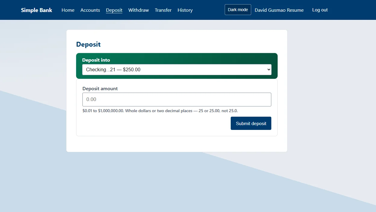 Deposit form with an account picker and an amount field