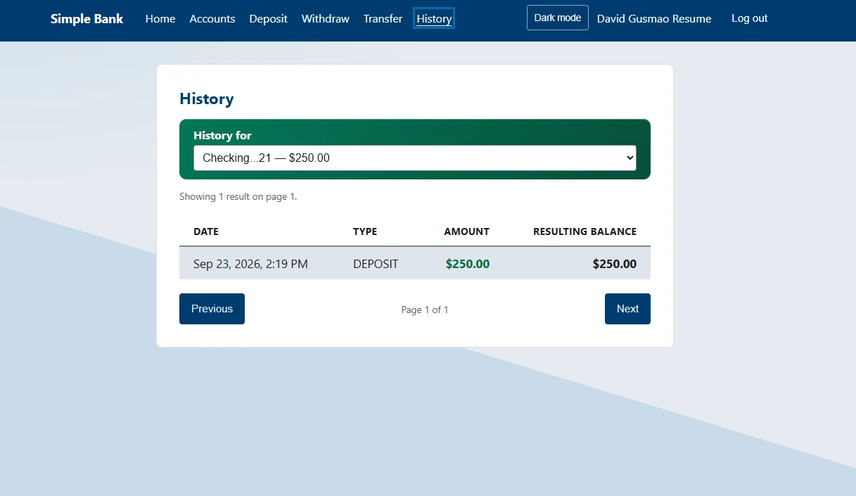 Paginated history table with date, type, amount and resulting balance