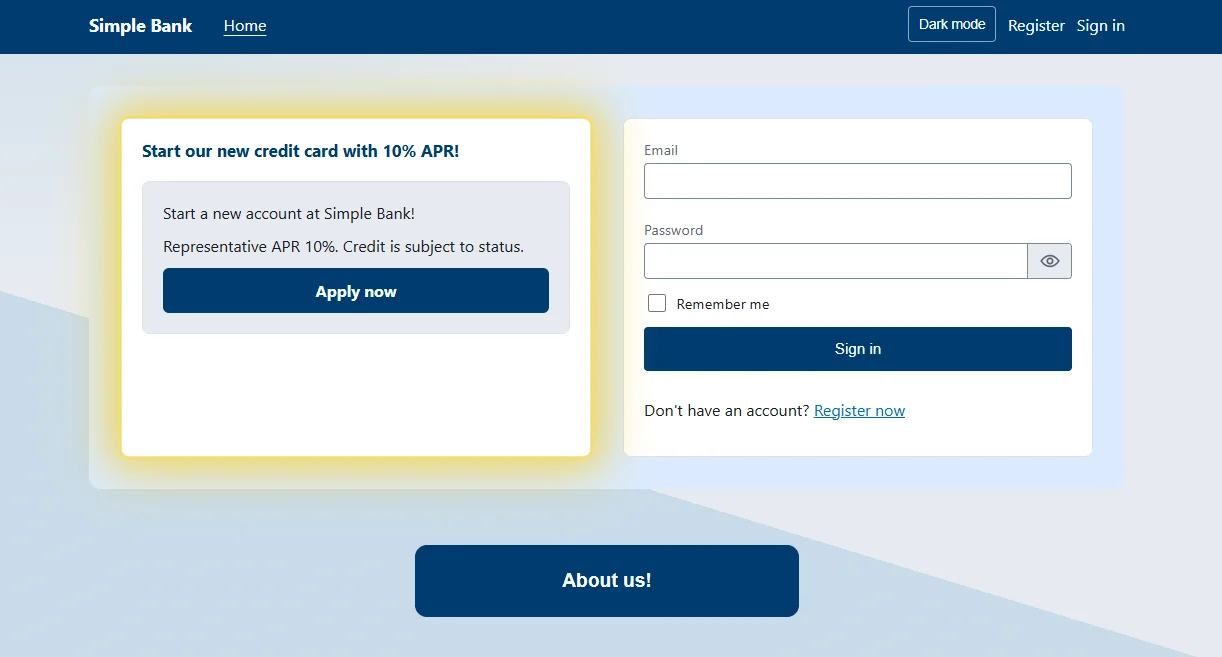 SimpleBank home page: a credit card promotion beside the sign-in form