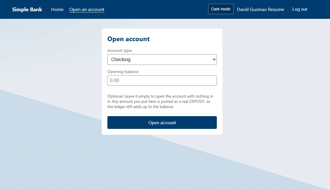 Open account form with account type and opening balance