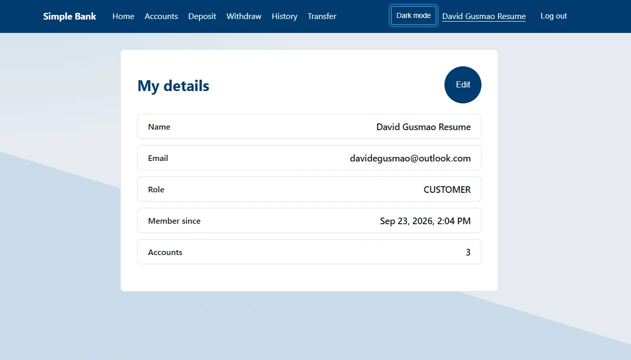 Profile page showing name, email, role and member-since date