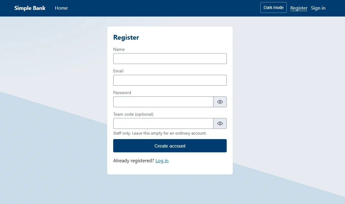 Registration form with name, email, password and an optional staff code