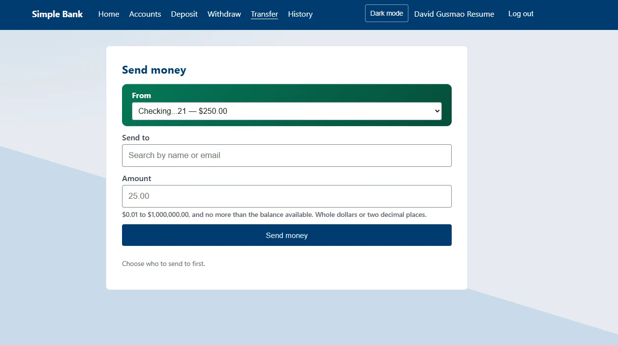 Transfer form: pick an account, search for a person, enter an amount