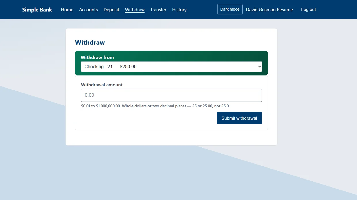 Withdrawal form with an account picker and an amount field